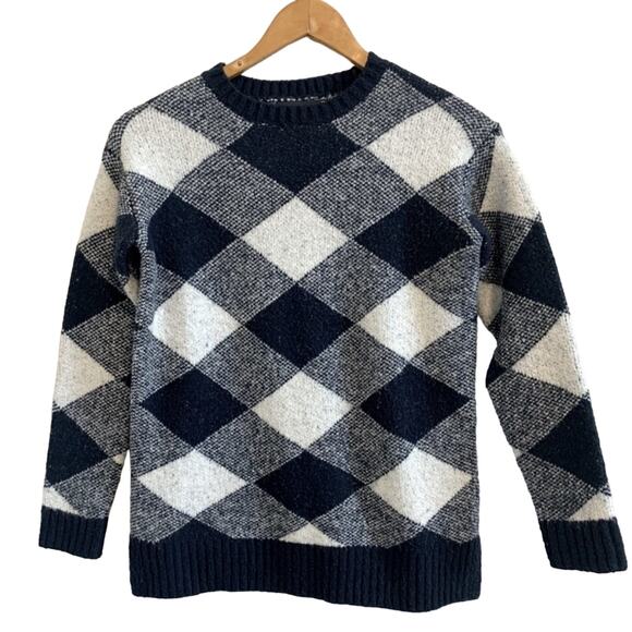 Marks & Spencer Navy Blue and Cream Argyle Plaid Crew Neck Pullover Sweater - Picture 1 of 8